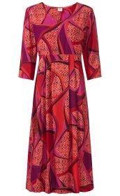 Viskose-Kleid mit 3/4-Ärmeln, buntem abstraktem Muster in Rot, Pink, Lila und Orange, mit rundem Ausschnitt und tailliertem Schnitt, knielang, fließender Stoff