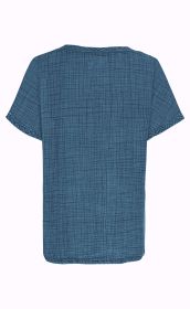 Baumwoll-Bluse in Dunkelblau mit kurzem Arm, rundem Halsausschnitt und texturiertem Karomuster, Rückansicht, gerade geschnitten, schlicht und casual