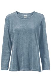 blaues Damenlangarmshirt aus samtigem, leicht glänzendem Stoff mit Rundhalsausschnitt und geradem Saum