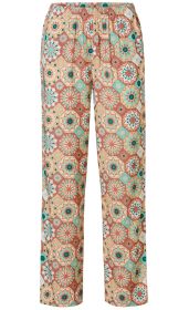 Viskose-Hose mit elastischem Bund, weiter Schnitt, buntes geometrisches Muster mit floralen Elementen in Beige, Türkis, Braun und Weiß