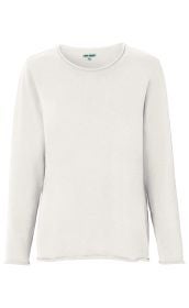 weißer Baumwoll-Pullover mit Rundhalsausschnitt und langen Ärmeln, leichte Struktur, einfache Form, ohne Muster, Etikett DW-SHOP im Kragen sichtbar