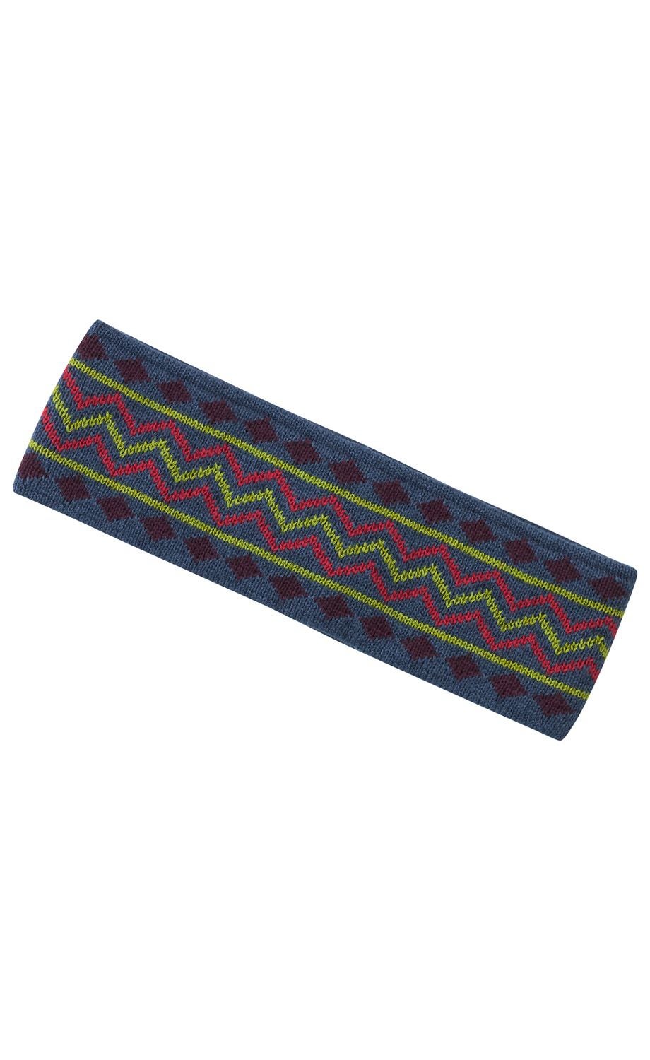 blaues gestricktes Stirnband mit rotem und grünem Zickzackmuster und dunkelroten Rauten, längliches rechteckiges Design, textile Oberfläche