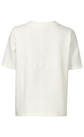 Baumwoll-Mix-Shirt in Weiß, Rückansicht, kurzärmelig, mit feiner Struktur in diagonaler Zickzack-Optik, gerader Schnitt, naht in der Mitte des Rückens, schlicht und modern