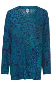 Viskose-Bluse in Blau mit türkisem, ornamentalen Paisley-Muster, V-Ausschnitt und langen Ärmeln, lockere Passform