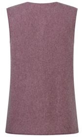 Rückenansicht eines ärmellosen, violett-melierten Strickpullovers mit schmalem Rundhalsausschnitt und geradem Saum, aus weichem, leicht strukturiertem Stoff.