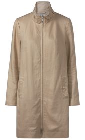 Beige Viskose-Mix-Jacke mit Stehkragen, durchgehendem Reißverschluss, langen Ärmeln und seitlichen Eingrifftaschen mit Raffung, gerade geschnitten, schlicht und elegant