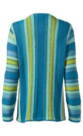 Baumwoll-Strickjacke mit langen Ärmeln, Rückansicht, mehrfarbige vertikale Streifen in Blau-, Grün- und Türkistönen, leicht strukturierter Strick, gerader Saumabschluss, casual Schnitt