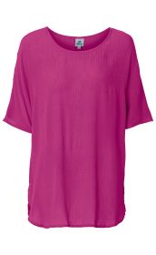 Rosa Viskose-Bluse mit kurzem Ärmel, rundem Halsausschnitt und leicht gekräuselter Textur, gerade und locker geschnitten