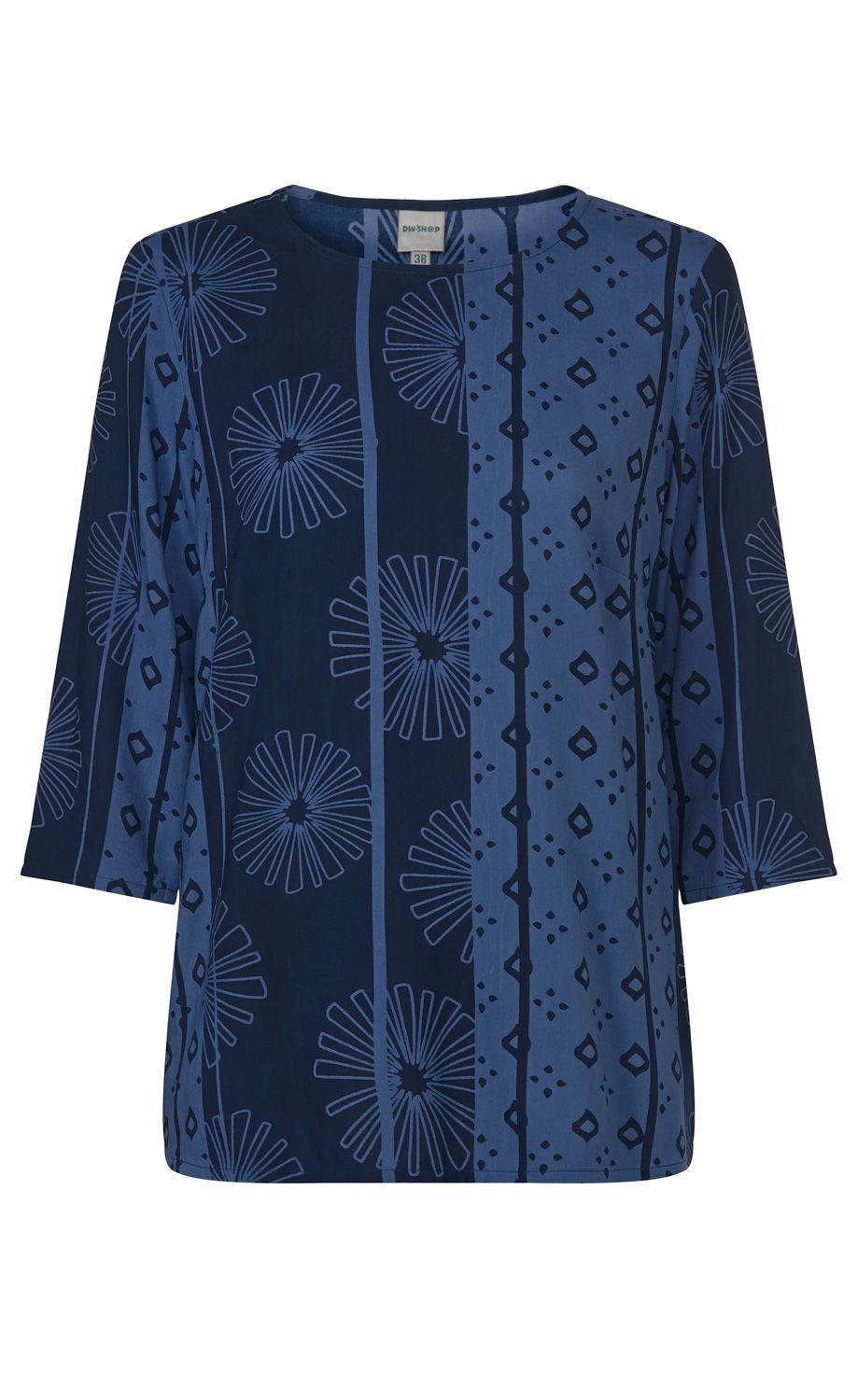 Damen Viskose-Bluse in Blau mit halblangen Ärmeln, asymmetrischem floralen und geometrischem Muster, Rundhalsausschnitt, lockerer Passform