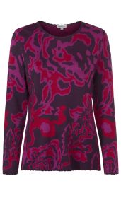 Baumwoll-Mix-Pullover mit langem Arm, Rundhalsausschnitt und floral abstraktem Muster in Dunkelviolett, Rot und Lila, gewellter Saum an Ärmeln und Saumabschluss, Vorderansicht.
