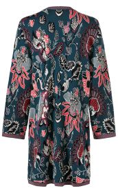 Baumwoll-Jacke mit langem Schnitt, dunkelblauem Grund, farbenfrohem floralen Muster in Rot, Weiß, Schwarz und Lila, 3/4-langen Ärmeln und kontrastierendem Randabschluss am Kragen, Ärmeln und Saum