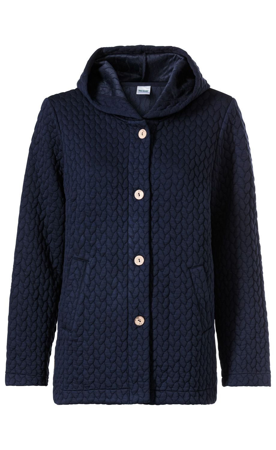 Dunkelblaue Viskose-Mix Jacke mit Kapuze, gesteppter Struktur in Zopfmusteroptik, vier hellbraune Knöpfe vorne, zwei seitliche Eingrifftaschen, lange Ärmel, gerade geschnitten.