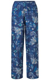 blaue Viskose-Hose mit elastischem Bund, weiter Beinverlauf, florales Paisley-Muster in Weiß und Blau