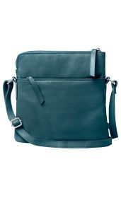 blaue Ledertasche mit Reißverschluss, verstellbarem Schulterriemen und Vorderfach, rechteckige Form, glatte Oberfläche, silberne Metallschnallen, schlichtes Design
