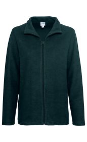 Dunkelgrüne Baumwoll-Fleece-Jacke mit durchgehendem Reißverschluss, Stehkragen und langen Ärmeln, schlichtes Design ohne Muster oder Logos.