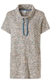 Baumwoll-Mix-Shirt mit kurzen Ärmeln, melierter Musterung in Beige, Braun und Grau, Rollkragen mit blauen Kordeln, zwei aufgesetzten Taschen vorne, bequeme, lockere Passform.