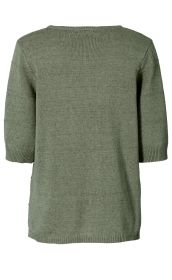 Leinen-Mix-Pullover in khaki, grob gestrickt, Kurzarm, Rundhalsausschnitt, lockere Passform, gerippte Bündchen an Saum und Ärmeln, Rückansicht