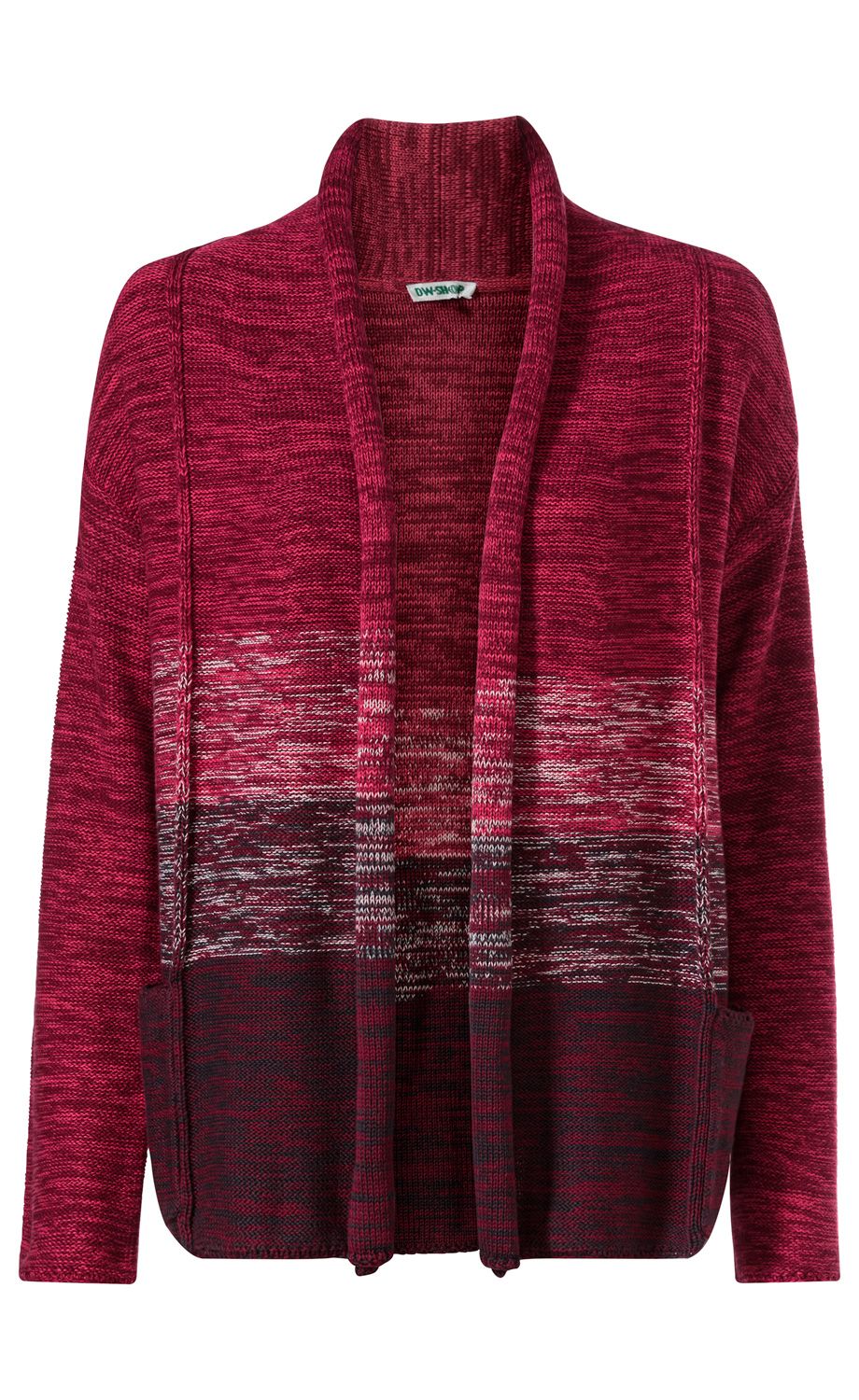 Baumwoll-Strickjacke in Rot- und Dunkelrot-Tönen mit offenem Frontdesign, langen Ärmeln, breitem Kragen und seitlichen Taschen, melierte Musterung, lockere Passform