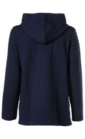 Rückansicht einer dunkelblauen Viskose-Mix Jacke mit Kapuze, langärmlig, strukturierter, gewellter Steppoptik, gerade geschnitten, bis Hüftlänge