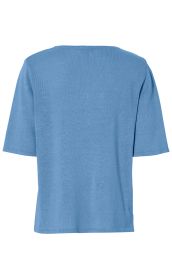 Leinen-Mix-Pullover in Hellblau, kurzärmelig, gerade geschnitten, Rückansicht, feine Strickstruktur, Rundhalsausschnitt, unkomplizierter Stil, leichte Sommerqualität