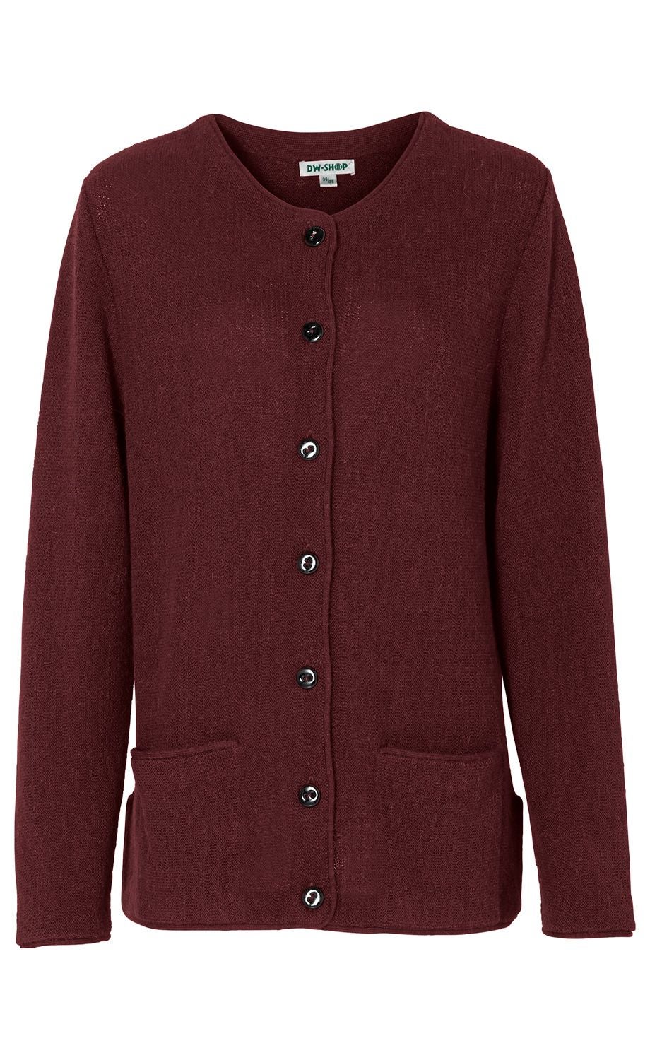 Dunkelrote Alpaka-Jacke mit Rundhalsausschnitt, langen Ärmeln, durchgehender Knopfleiste und zwei aufgesetzten Taschen vorne, schlichtes Design, aus feiner Strickware