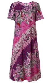 Viskose-Kleid, knielang, kurzärmelig, V-Ausschnitt, weit schwingend, buntes Muster in Pink, Lila, Rot und Schwarz mit floralen und abstrakten Elementen