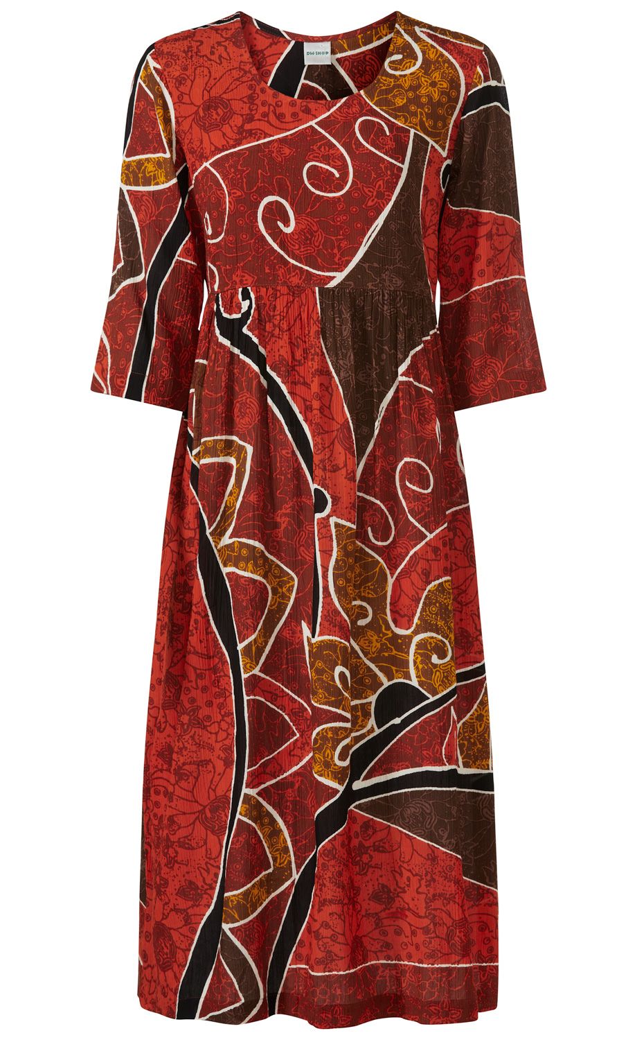 Viskose-Kleid mit 3/4-Ärmeln, abstraktem Muster in Rot-, Braun- und Orangetönen, Rundhalsausschnitt, knielang, locker fallend, leichte Struktur im Stoff, florale und geschwungene Linien-Designs