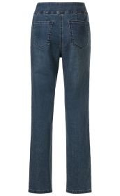 Baumwoll-Mix-Hose in Denim-Optik, hinten mit zwei aufgesetzten Taschen, geradem Beinverlauf, mittlerer Bundhöhe, dunkelblaue Waschung, Jeans-Stil, sichtbare Steppnähte