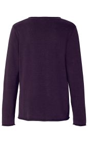 Baumwoll-Pullover in Dunkellila, Rückansicht, lange Ärmel, gerader Schnitt, feiner Strick, rundhalsausschnitt, schlichter Stil, leicht gerollte Saumkanten, unifarben, rel. dünne Stoffstruktur