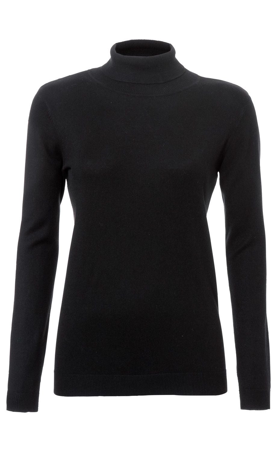 Schwarzer Baumwoll-Pullover mit langem Arm und engem Rollkragen, gerader Schnitt, fein gestrickt, schlichte Optik, elastische Bündchen an Ärmeln und Saum.