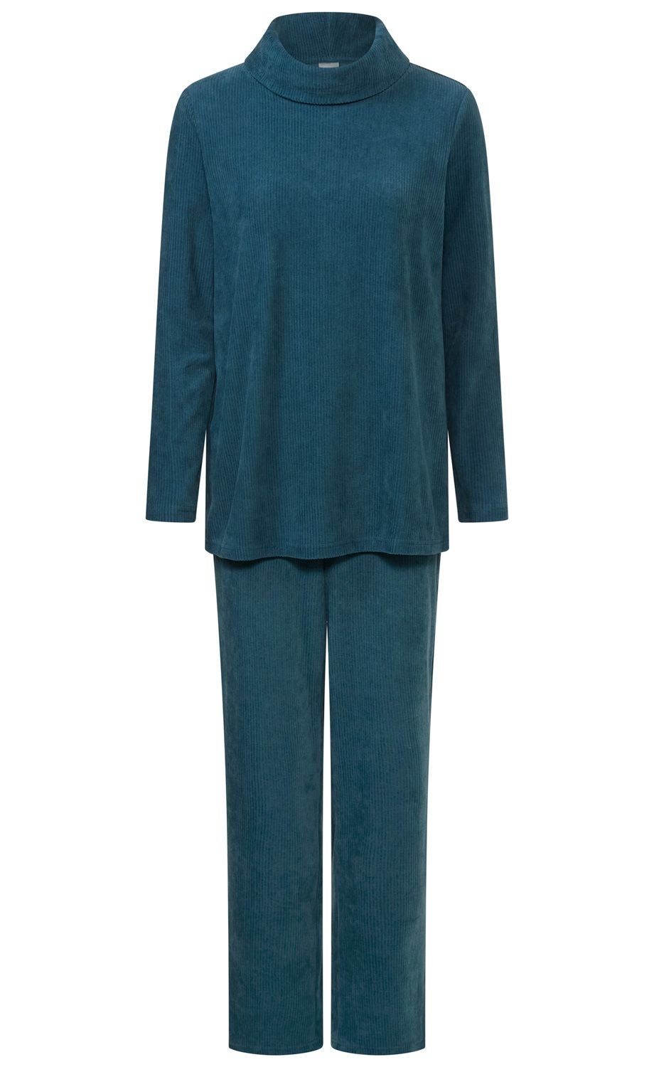 blauer weicher Cord-Anzug bestehend aus langärmligem Rollkragenpullover und geraden Hosen, locker geschnitten, einfarbig, komfortabler Freizeit- oder Loungewear-Look