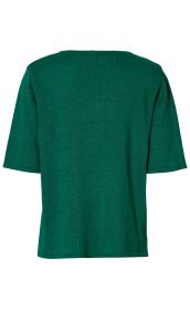 Leinen-Mix-Pullover grün, Rückansicht, kurze Ärmel, leichter Strick, lockere Passform, schlichter Rundhalsausschnitt, unifarbener Jersey, ideal für sommerliche Anlässe