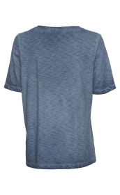Rückansicht eines kurzärmligen, hellblauen Baumwoll-Shirts mit Rundhalsausschnitt und leicht meliertem Stoff, ohne Aufdruck oder Muster, auf weißem Hintergrund.