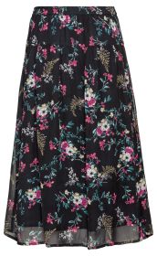 Viskose-Rock, knielang, schwarz mit buntem Blumenmuster in Pink, Weiß, Beige und Grün, lockerer leichter Stoff, elastischer Bund, ausgestellter Schnitt, femininer Freizeitrock