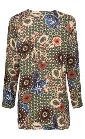 Viskose-Bluse mit langem Arm, hinten, knielang, gemustert mit floralen Motiven und geometrischem Design in Blau, Grün, Braun, Weiß und Orange