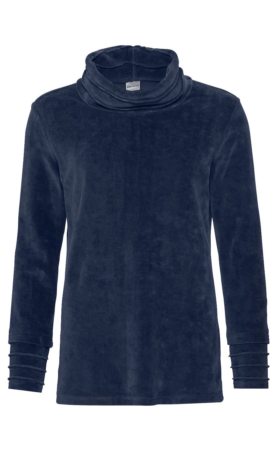 dunkelblaues Baumwoll-Shirt mit langem Arm und weitem, locker fallendem Rollkragen, leicht strukturierte Oberfläche, Bündchen mit dekorativen, horizontalen Raffungselementen, schlichtes Design, Vorderansicht, ohne Muster