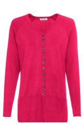 Baumwoll-Mix-Pullover in kräftigem Pink mit V-Ausschnitt, langen Ärmeln und durchgehender Knopfleiste vorne, gerippte Schulter- und Saumbereiche, schmal geschnitten.