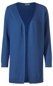 Blaue, offene Baumwoll-Strickjacke mit langem Schnitt, strukturiertem Strickmuster, gerippten Bündchen an Ärmeln und Saum, ohne Verschluss, mit V-Ausschnitt, geeignet für Damen oder Herren