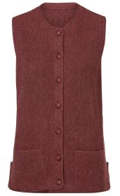 rote Alpaka-Strickweste mit Rundhalsausschnitt, durchgehender Knopfleiste, zwei Taschen vorne, ärmellos, feine Struktur, schlichtes Design