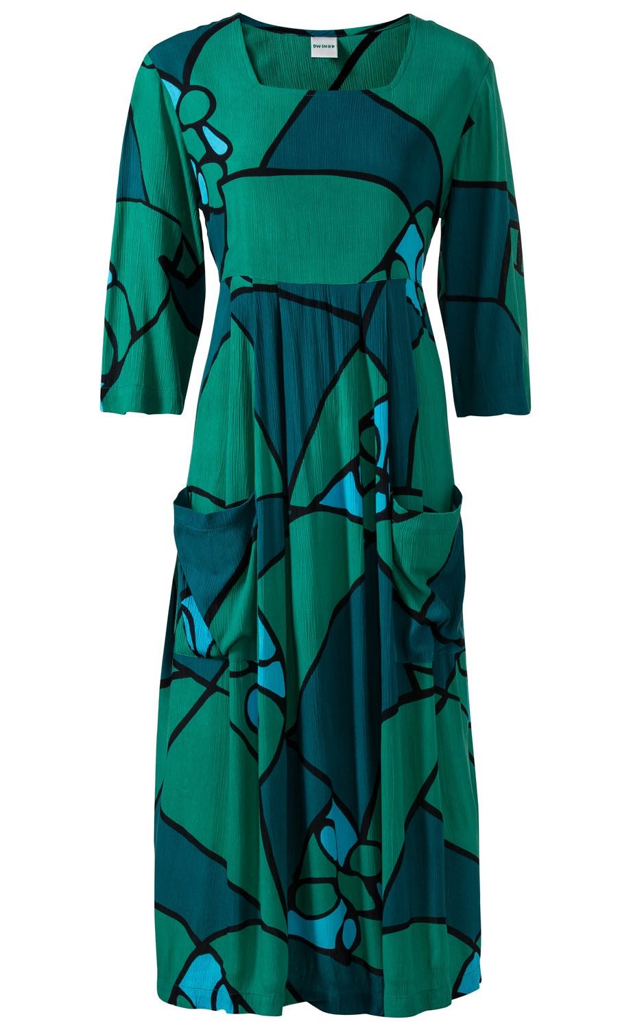 Viskose-Kleid in Grün- und Blautönen mit abstraktem Muster, U-Ausschnitt, 3/4-Ärmeln und zwei aufgesetzten Taschen vorne, locker geschnittenes, knielanges Design