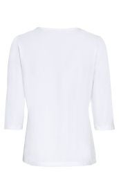 weißes Baumwoll-Mix-Shirt, Rückansicht, 3/4-lange Ärmel, Rundhalsausschnitt, schlichte Optik, leichte Struktur, gerade Passform