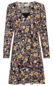 Baumwoll-Mix-Kleid mit langem Arm, V-Ausschnitt, bedruckt mit buntem Blumenmuster in Gelb, Rot, Weiß und Schwarz auf grauem Hintergrund, tailliert und leicht ausgestellt