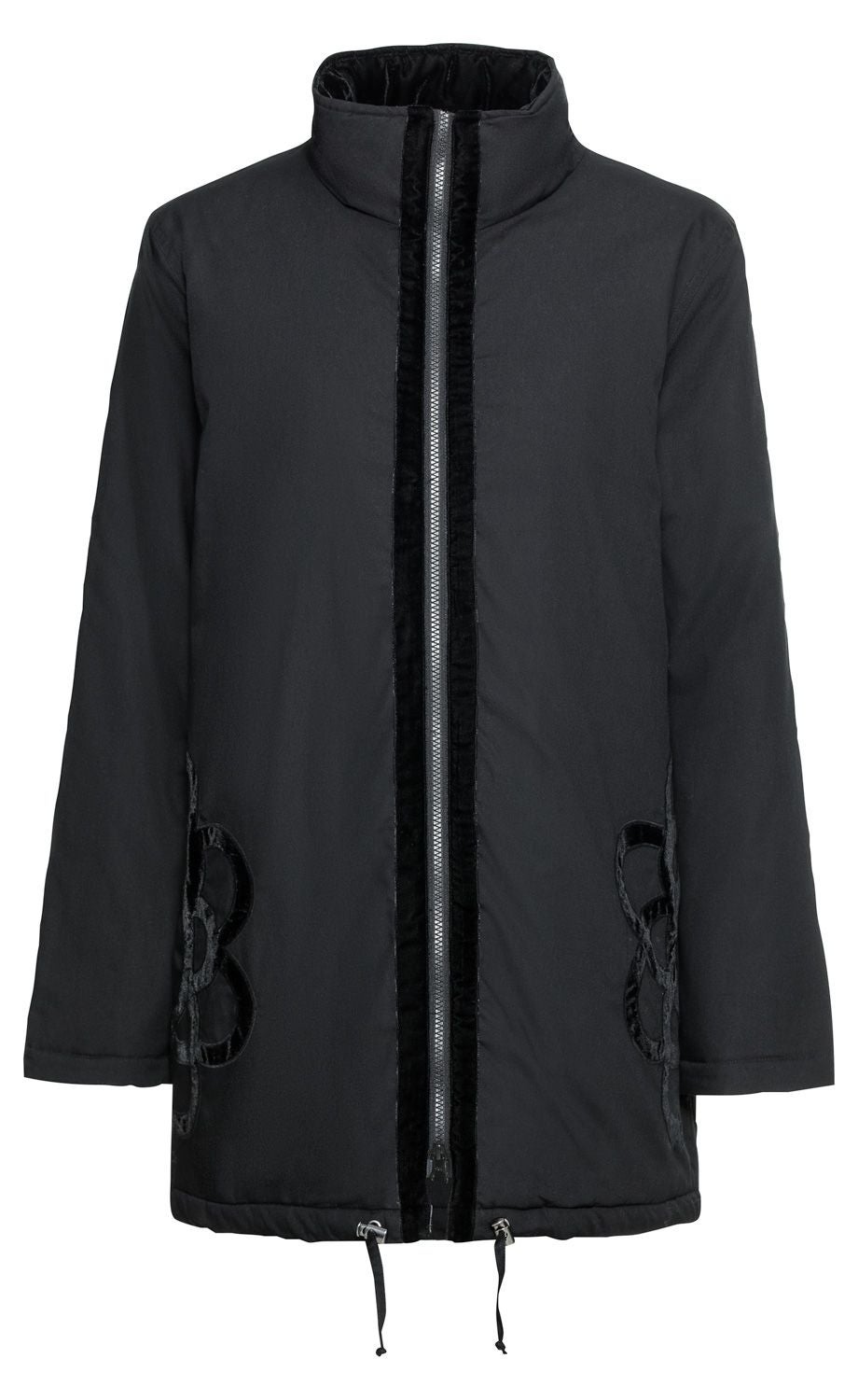 Schwarze Baumwoll-Jacke mit Stehkragen, durchgehendem Reißverschluss, Samtapplikationen an Reißverschluss und Taschen, lange Ärmel, verstellbare Kordel am Saum, mittellang, schlichtes Design