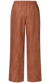 rote Leinen-Hose mit weiß gestreiftem Muster, lockerer Schnitt, elastischer Bund, lange weite Beine, casual Stil, leichter Stoff