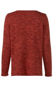 Baumwoll-Pullover in melierter roter Farbe, langärmlig, mit Rundhalsausschnitt, gerader Schnitt, unifarbener Rücken ohne Muster, feinstrickstruktur, warme Optik