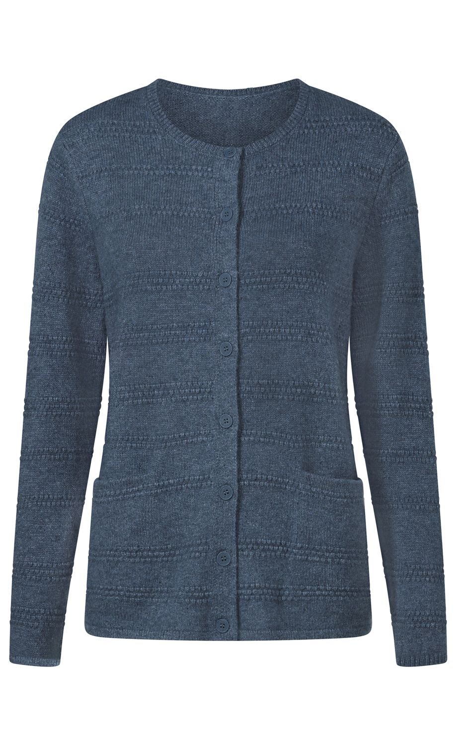 dunkelblaue Damenstrickjacke mit Rundhalsausschnitt, Knopfleiste vorne, langer Arm, feinem Strukturmuster und zwei aufgesetzten Taschen, gerade geschnittener Saum