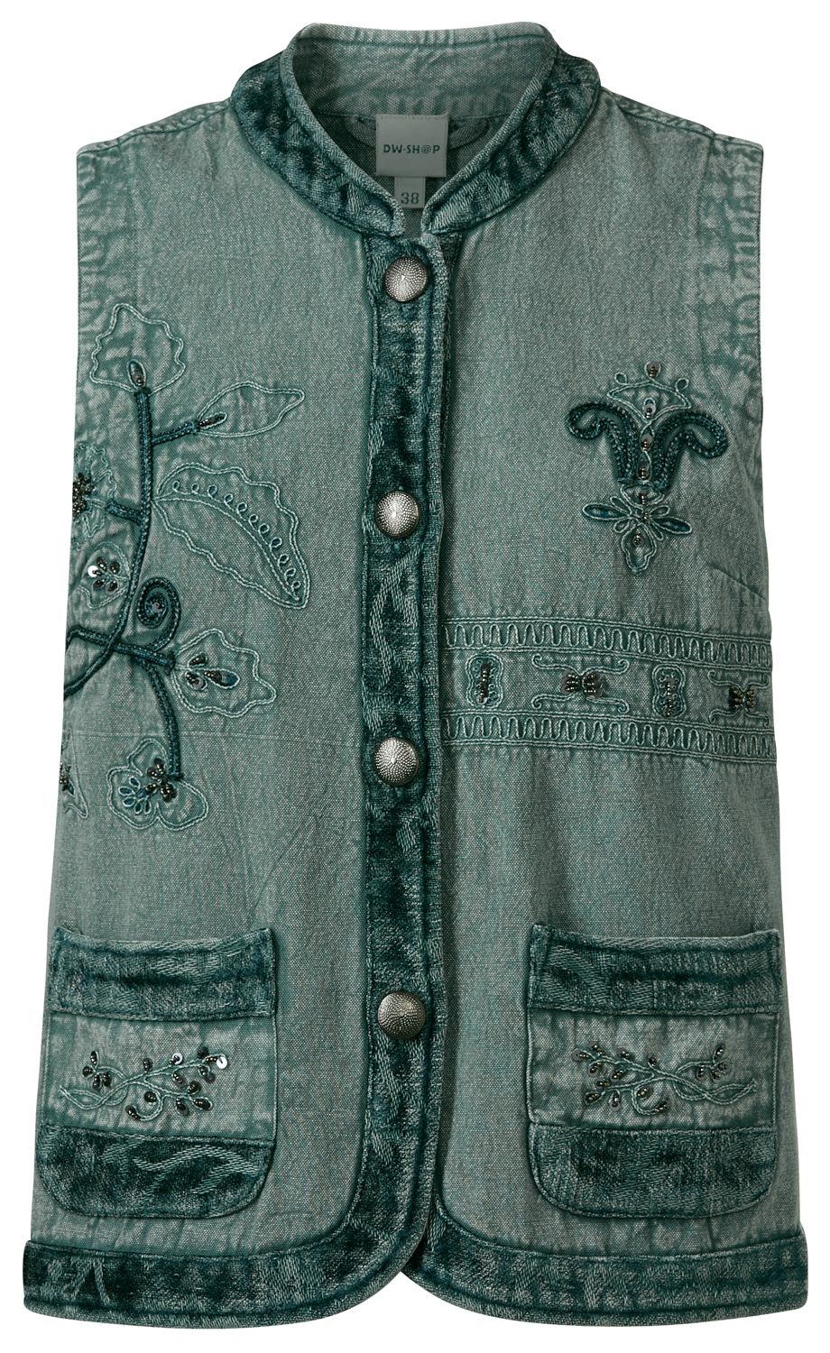 grüne Baumwoll-Weste mit Stehkragen, aufgesetzten Taschen, silbernen Knöpfen und floralen Stickereien mit Paillettenmotive, samtartige Details an Kragen, Knopfleiste und Taschen, Größe 38