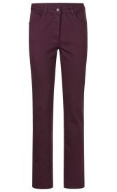 Dunkelrote Damenhose aus Baumwolle, gerade geschnitten, mit Gürtelschlaufen, zwei Vordertaschen, Knopfverschluss und Reißverschluss, schlichte elegante Optik, knöchellang