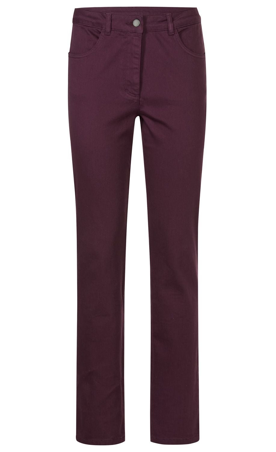 Dunkelrote Damenhose aus Baumwolle, gerade geschnitten, mit Gürtelschlaufen, zwei Vordertaschen, Knopfverschluss und Reißverschluss, schlichte elegante Optik, knöchellang