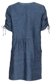 Dunkelblaue Leinen-Bluse mit kurzen, gerafften Ärmeln und Bindebändern, lockere Passform, hinten geraffter Einsatz unterhalb der Schulterpartie, schlichtes, unifarbenes Design